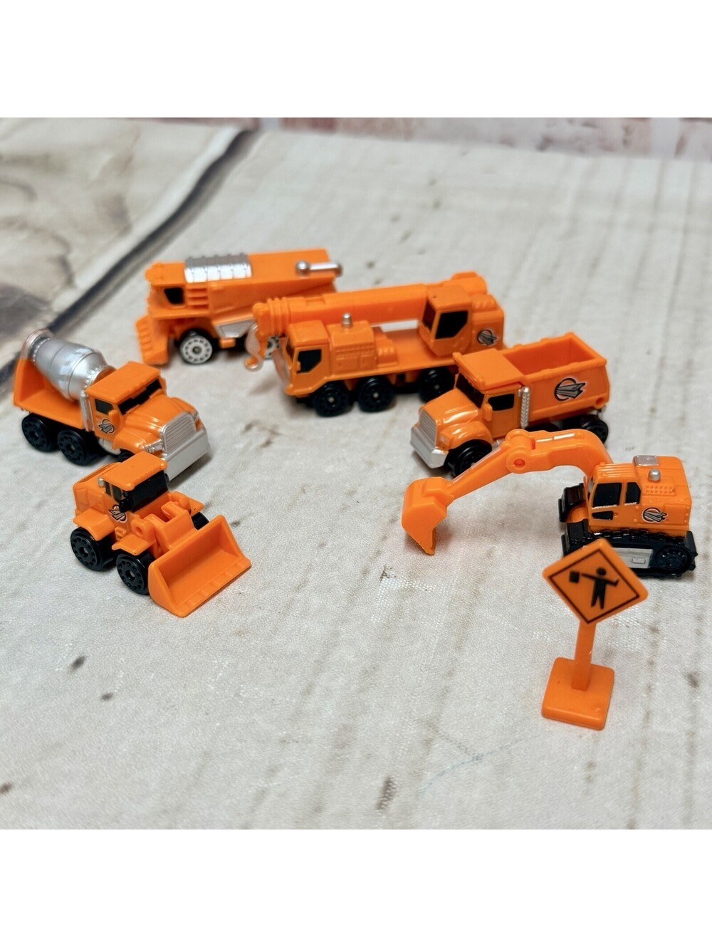 Vintage Lot of 7 MICRO MACHINES Construction Set ~ Orange Heavy Equipment & Sign